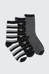 Ardene 3-Pack Polka Dot & Stripe Crew Socks in Black | Polyester/Spandex/Cotton