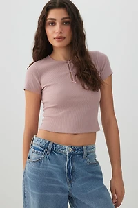 Ardene Cropped Ribbed T-Shirt with Bows in Light Pink | Size | Polyester/Cotton/Elastane