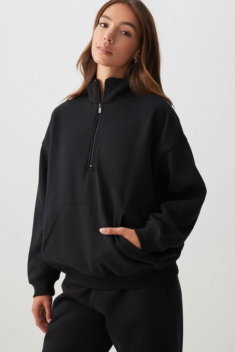 Ardene MADESOFT Fleece Oversized Half Zip Sweatshirt in Black Licorice | Size | Polyester/Cotton | Eco-Conscious