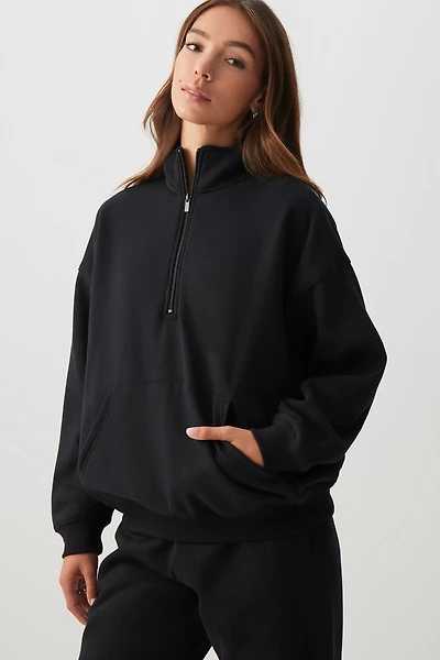 Ardene MADESOFT Fleece Oversized Half Zip Sweatshirt in Black Licorice | Size | Polyester/Cotton | Eco-Conscious