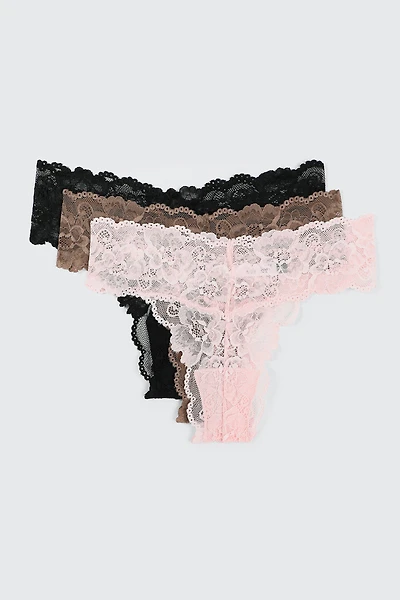 Ardene 3-Pack Lace Thong Panties in Light Pink | Size | Nylon/Elastane