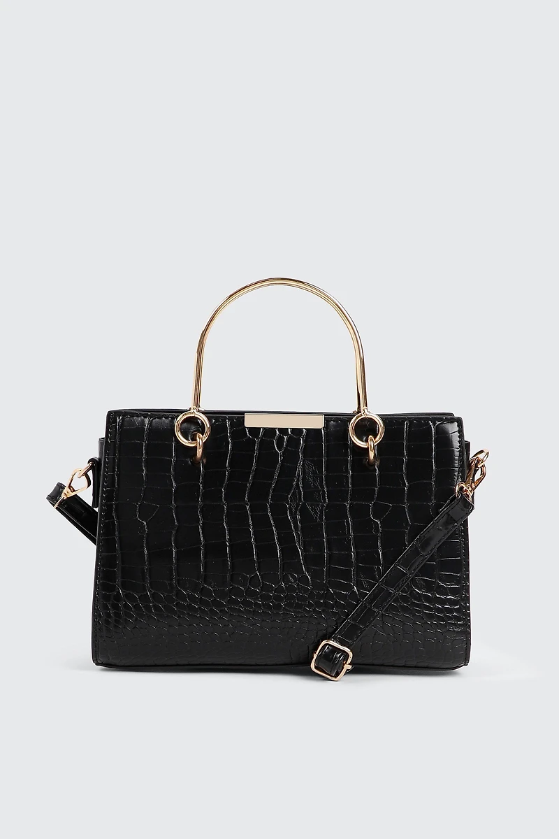 Ardene Croc Embossed Bag with Gold Handles in Black | Faux Leather/Polyester