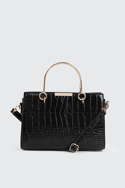 Ardene Croc Embossed Bag with Gold Handles in Black | Faux Leather/Polyester