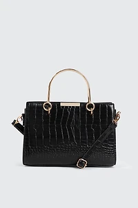 Ardene Croc Embossed Bag with Gold Handles in Black | Faux Leather/Polyester