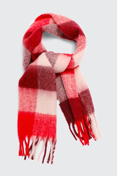 Ardene Plaid Fuzzy Scarf in Red | Polyester