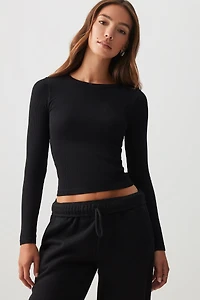 Ardene Seamless Crop Long Sleeve T-Shirt in Black Licorice | Size | Polyester/Nylon/Elastane | Eco-Conscious