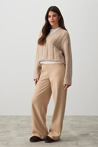 Ardene Brushed Knit Wide Leg Pants in Beige | Size | Polyester/Cotton