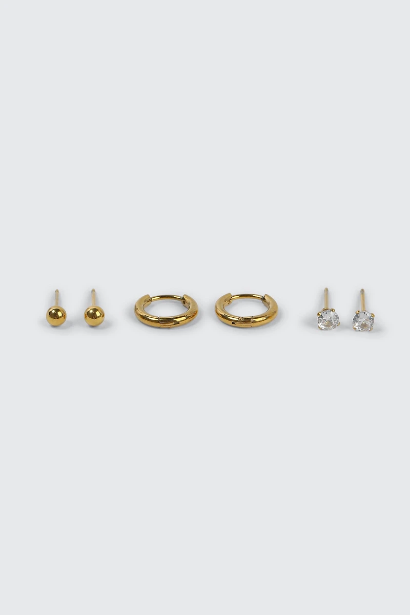 Ardene Man 3-Pack Stainless Steel Hoop & Stud Earrings For Men in Gold