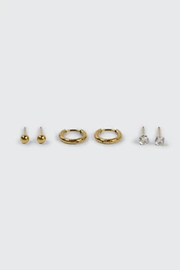 Ardene Man 3-Pack Stainless Steel Hoop & Stud Earrings For Men in Gold