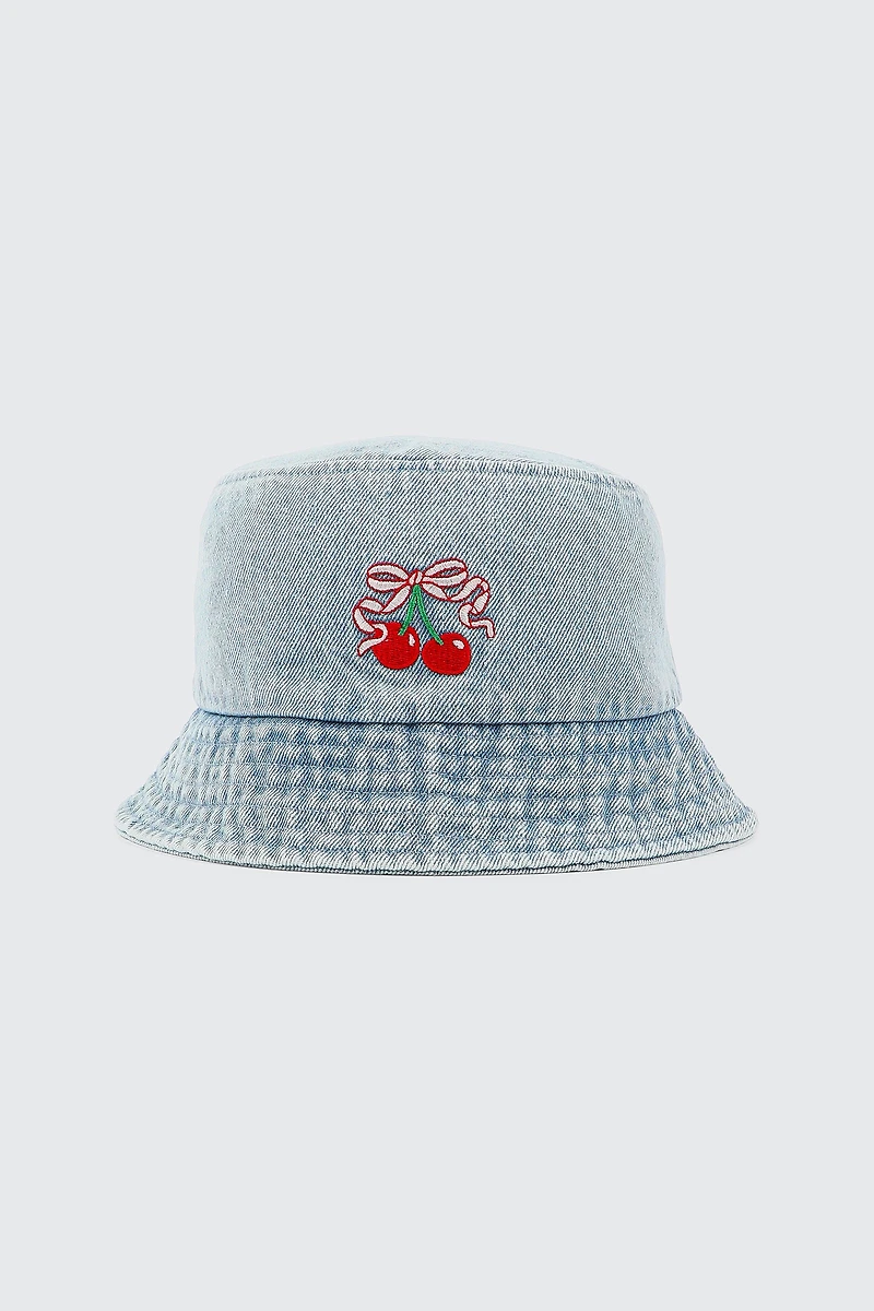 Ardene Denim Bucket Hat with Cherry Embroidery in Light Blue | Cotton