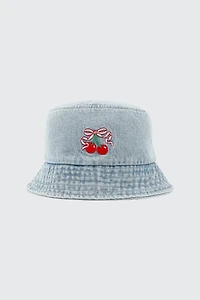 Ardene Denim Bucket Hat with Cherry Embroidery in Light Blue | Cotton