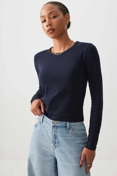 Ardene Effortless Everyday Long Sleeve T-Shirt in Dark Blue | Size | Cotton/Elastane | Eco-Conscious