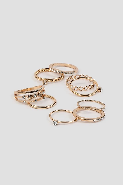 Ardene 9-Pack Embellished Rings in Gold | Size Small