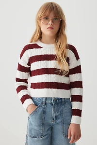 Ardene Kids Striped Cable Knit Sweater in Burgundy | Size | Polyester/Elastane