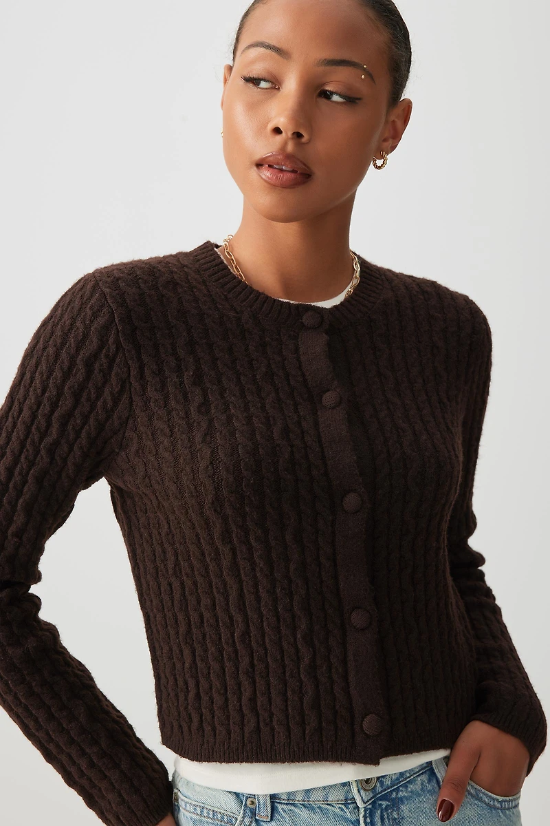 Ardene Cable Knit Crop Cardigan in Brown | Size | Polyester/Spandex