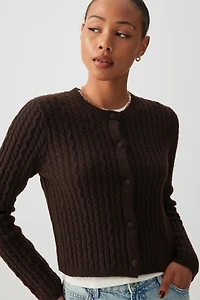 Ardene Cable Knit Crop Cardigan in Brown | Size | Polyester/Spandex