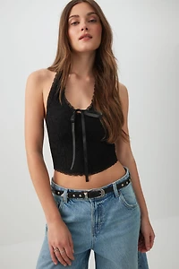 Ardene Lace Halter Top with Bow in Black | Size | Polyester/Elastane/Polyamide