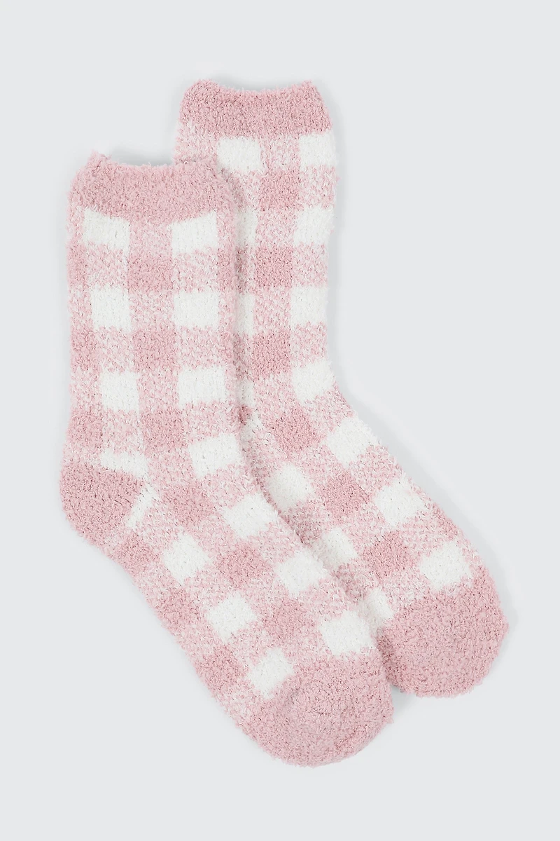 Ardene Checkerboard Cozy Socks in Light Pink | Polyester/Spandex