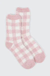 Ardene Checkerboard Cozy Socks in Light Pink | Polyester/Spandex