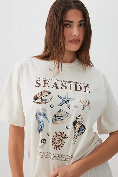 Ardene Oversized Graphic T-Shirt in Off-White | Size | 100% Cotton
