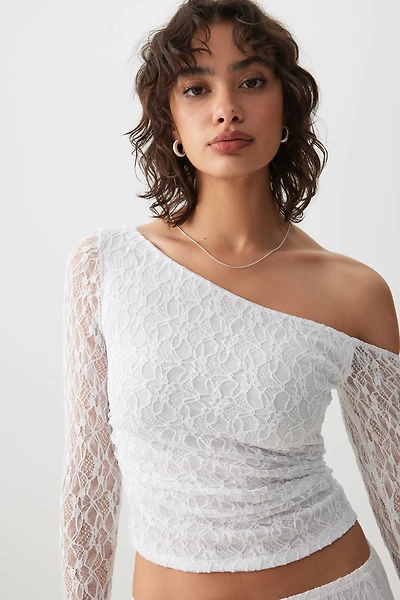 Ardene Asymmetrical Lace Top in White | Size | Polyester/Nylon/Elastane