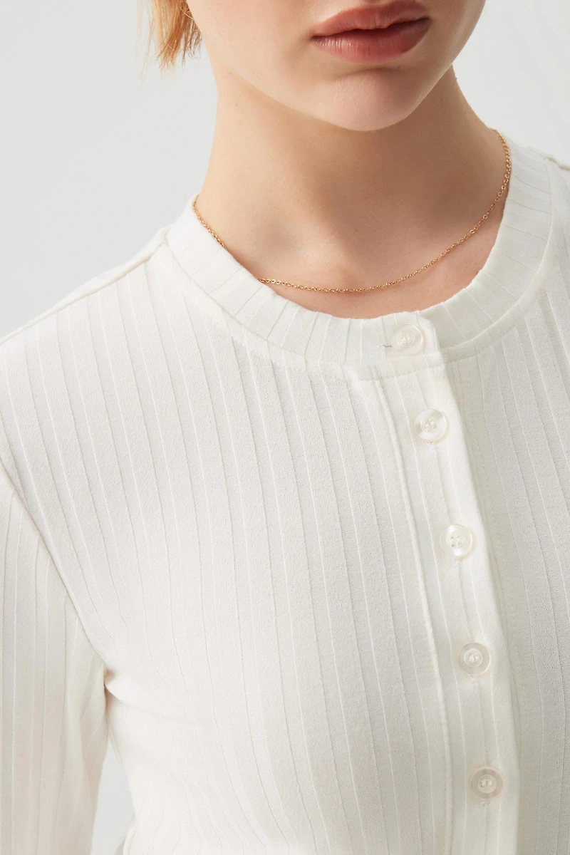 Ardene Rib Crew Neck Cardigan in Off-White | Size | Polyester/Elastane