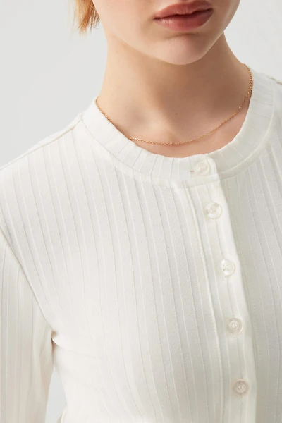 Ardene Rib Crew Neck Cardigan in Off-White | Size | Polyester/Elastane