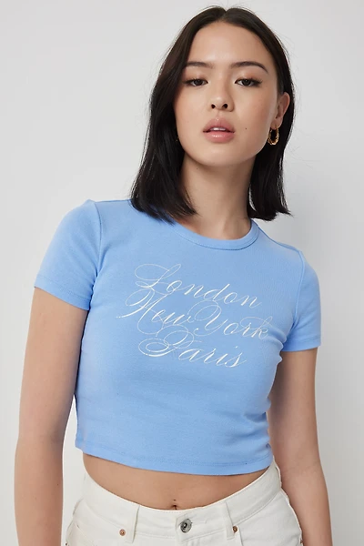 Ardene Crop Cap Sleeve T-Shirt with Print in Light Blue | Size | 100% Cotton