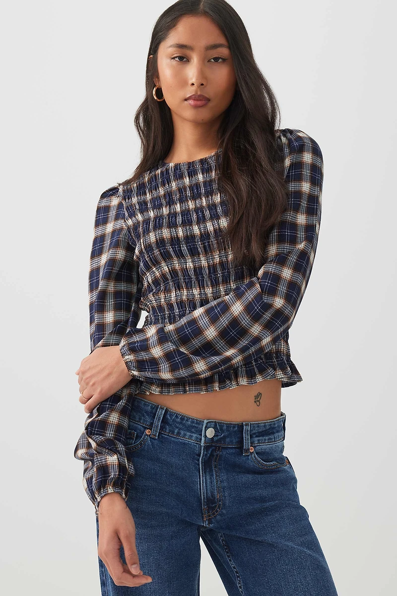 Ardene Plaid Crinkled Blouse | Size Small | Rayon