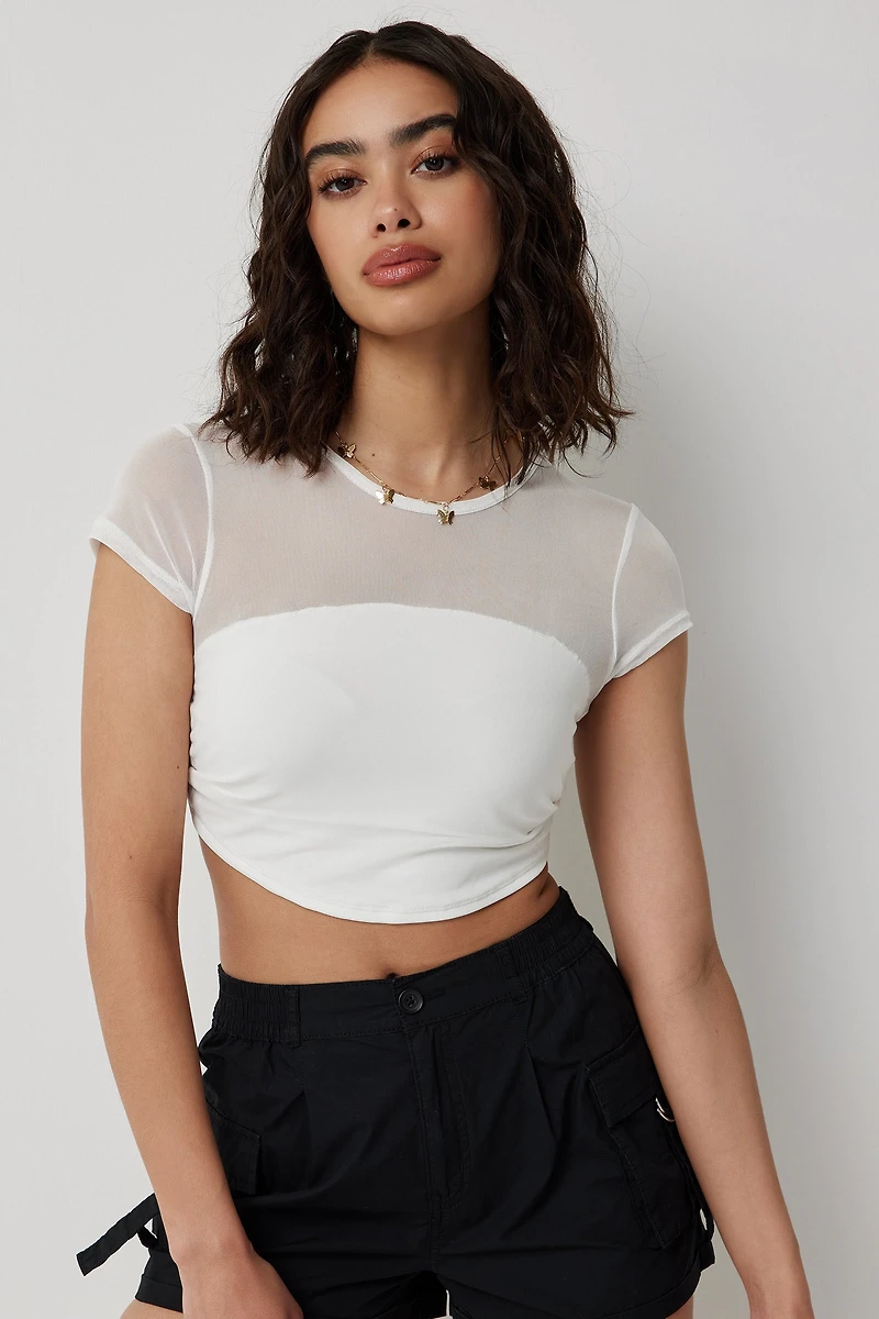 Ardene Crop Open Back Mesh T-Shirt in White | Size | Polyester/Elastane