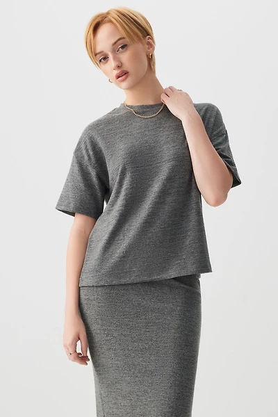 Ardene Brushed Knit Boxy T-Shirt in Dark Grey | Size | Polyester/Rayon/Elastane