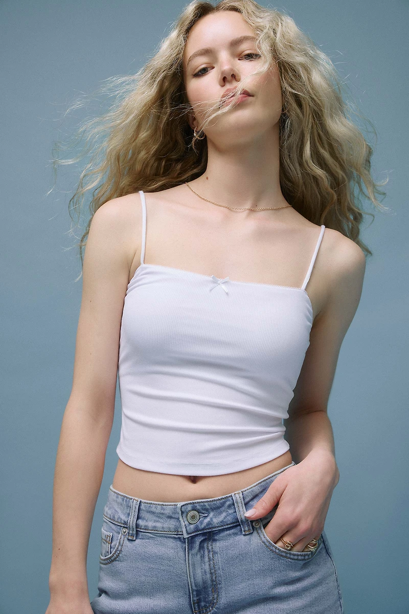 Ardene Basic Crop Tank Top with Bow Detail in White | Size | Polyester/Elastane | Eco-Conscious