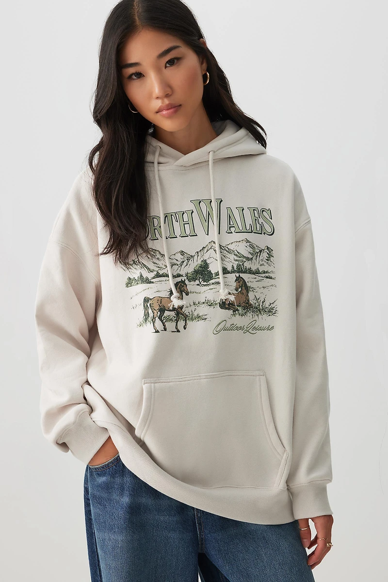Ardene Printed Oversized Hoodie in Beige | Size | Polyester/Cotton | Fleece-Lined | Eco-Conscious