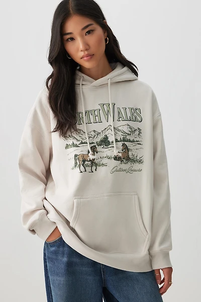Ardene Printed Oversized Hoodie in Beige | Size | Polyester/Cotton | Fleece-Lined | Eco-Conscious