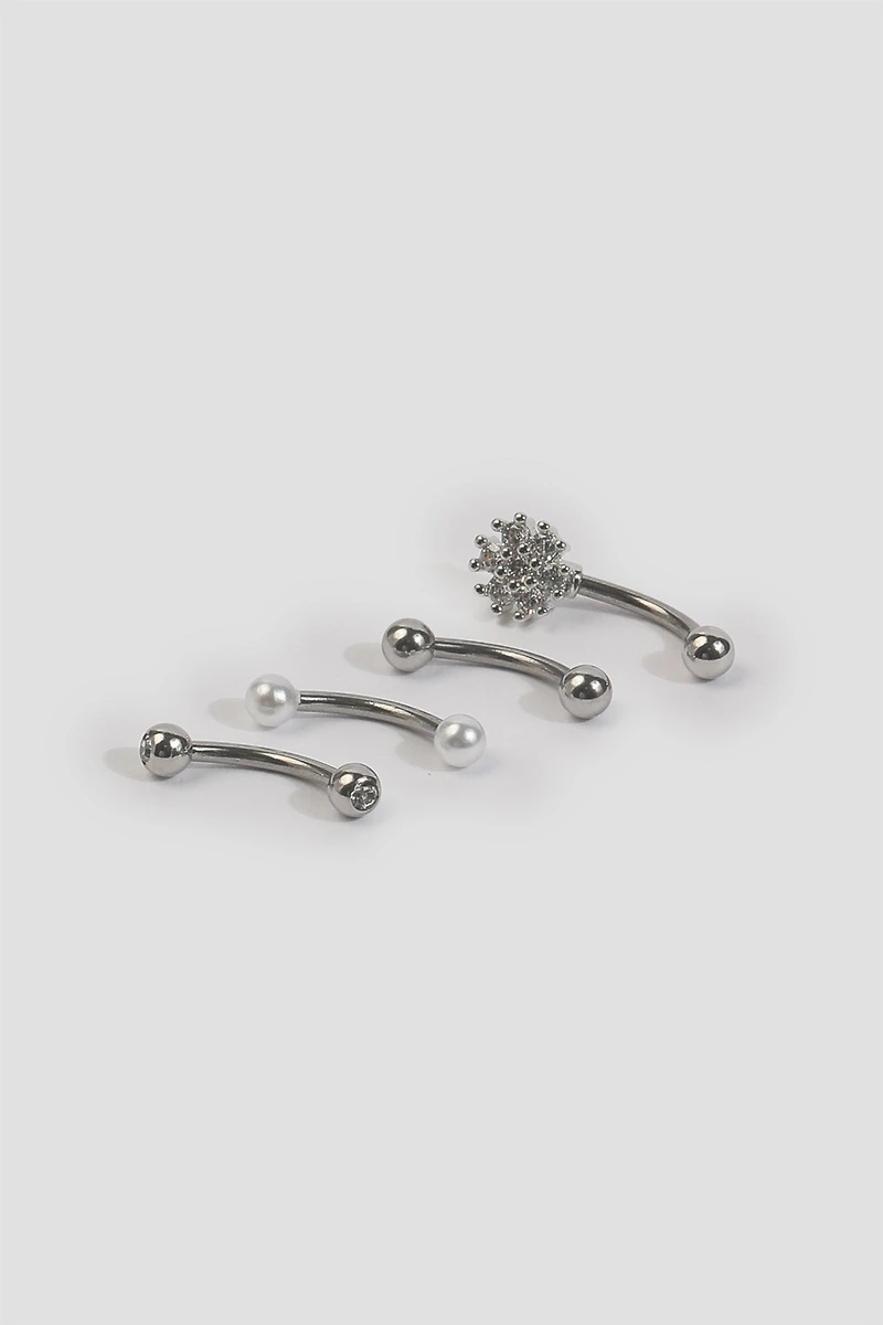 Ardene 4-Pack Eyebrow Piercings with Fower & Pearls in Silver