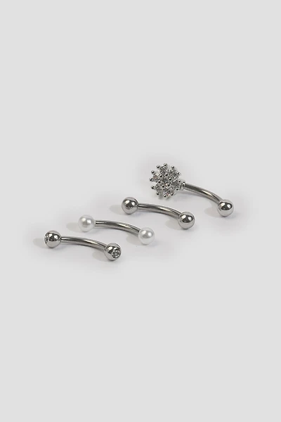 Ardene 4-Pack Eyebrow Piercings with Fower & Pearls in Silver