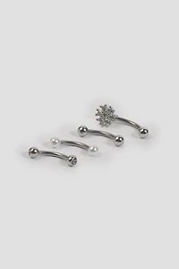 Ardene 4-Pack Eyebrow Piercings with Fower & Pearls in Silver