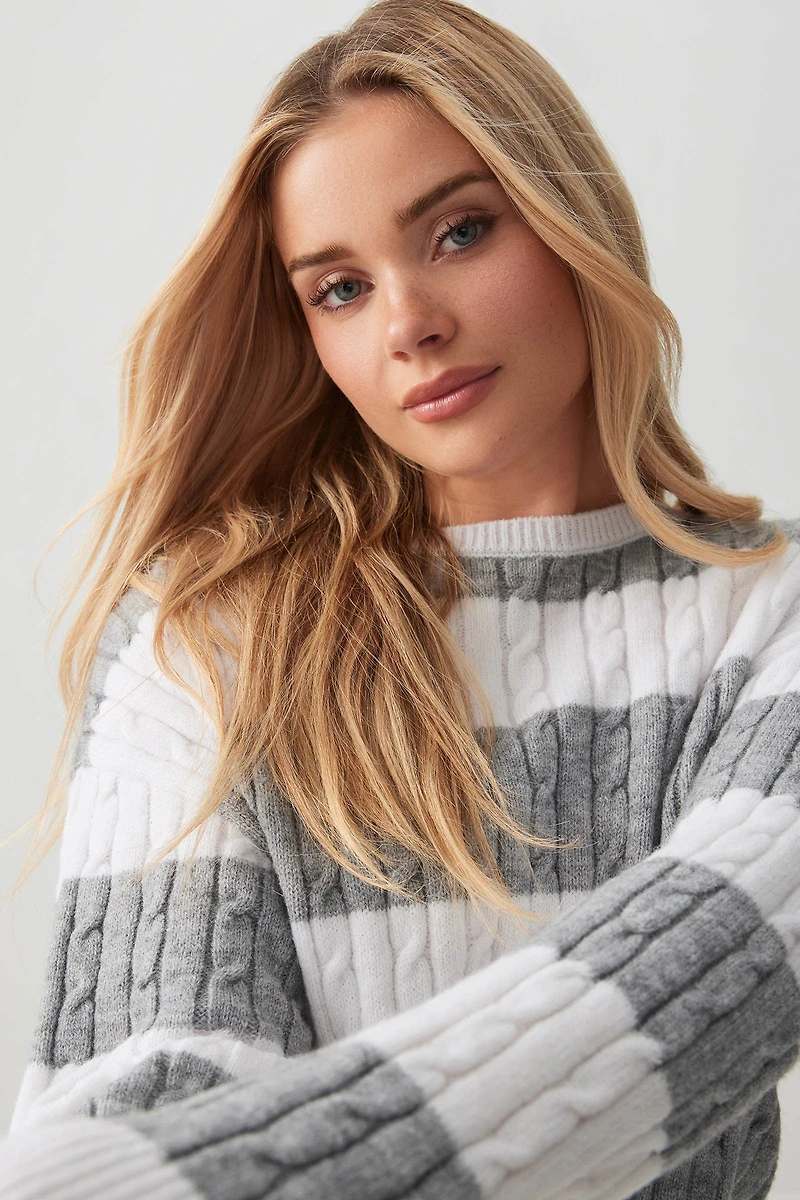 Ardene Striped Cable Knit Sweater in White | Size | Polyester/Nylon