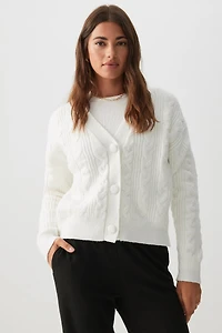 Ardene Cable Knit V-Neck Cardigan in Off-White | Size | Polyester | Eco-Conscious