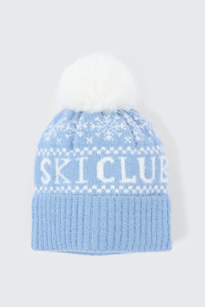 Ardene Ski Club Beanie with Pompom in Light Blue | Polyamide
