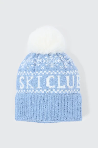 Ardene Ski Club Beanie with Pompom in Light Blue | Polyamide
