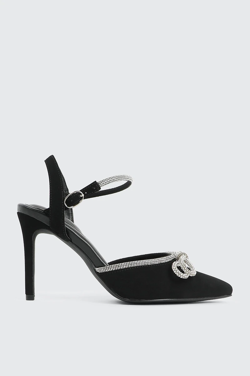Ardene Pumps with Rhinestone Bow in Black | Size | Eco-Conscious