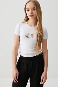 Ardene Kids Ruched Side Graphic T-Shirt in White | Size | Polyester/Elastane
