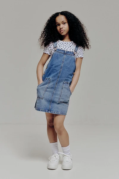 Ardene Kids Denim Pinafore Dress in Medium Blue | Size | 100% Cotton
