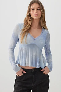 Blouse col V en maille filet imprimée