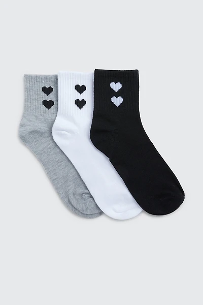 Ardene 3-Pack Heart Ribbed Demi Crew Socks in Grey | Polyester/Spandex
