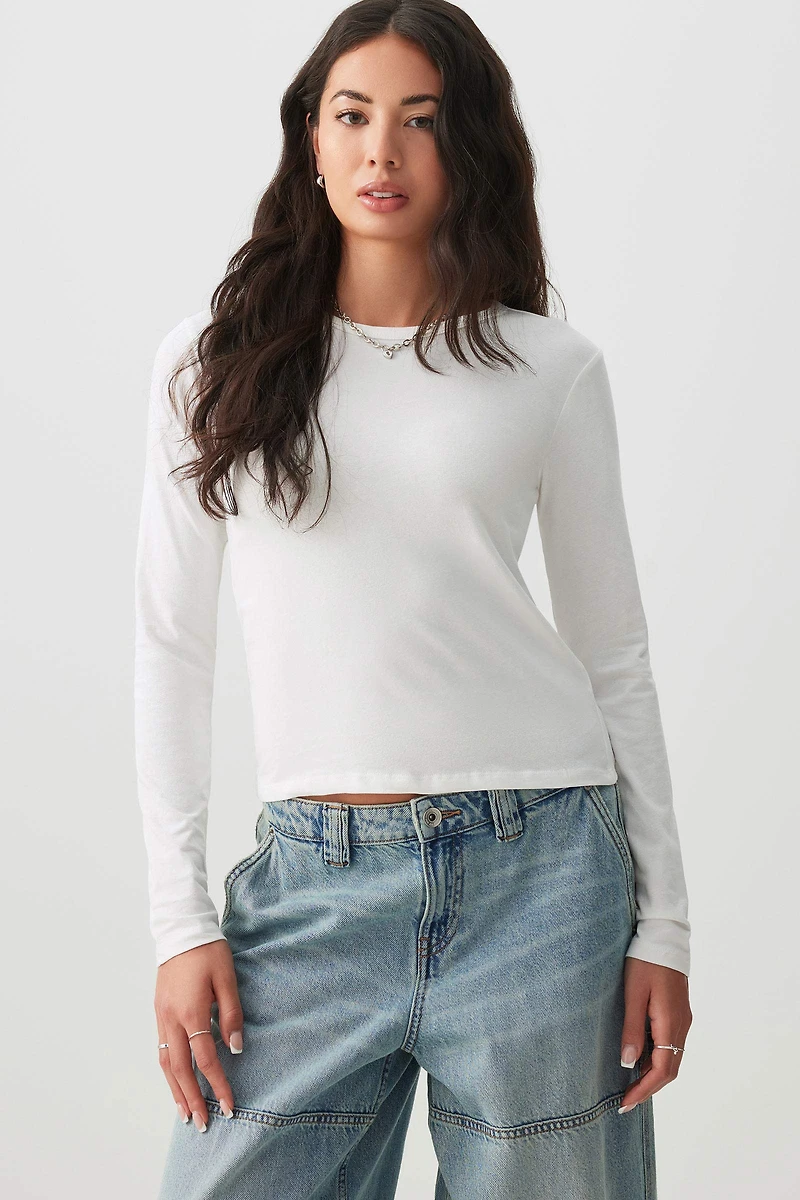 Ardene Basic Short Long Sleeve T-Shirt in White | Size | Cotton/Elastane/Viscose | Eco-Conscious