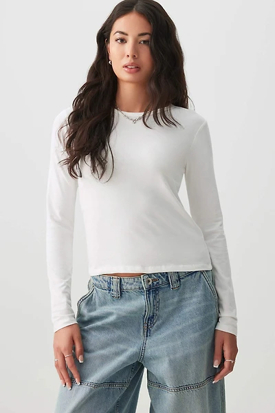 Ardene Basic Short Long Sleeve T-Shirt in White | Size | Cotton/Elastane/Viscose | Eco-Conscious