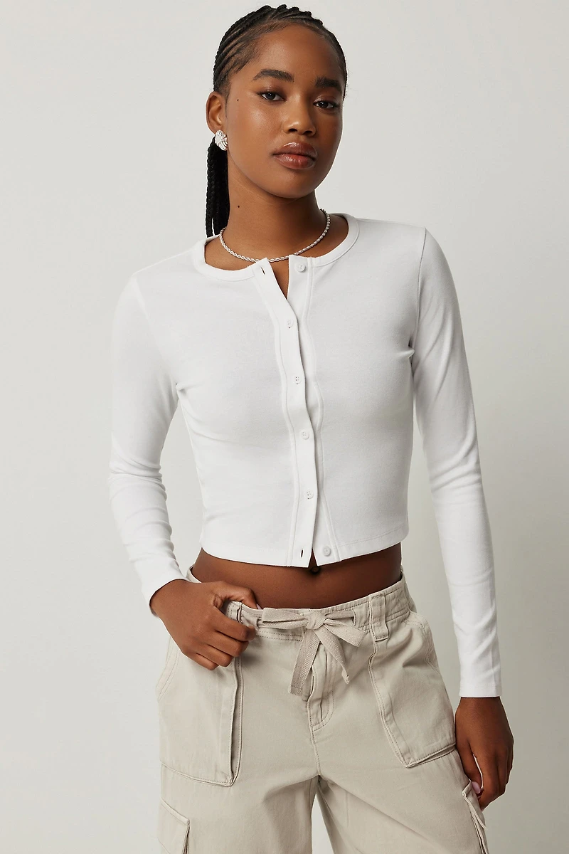 Ardene Short Button Front Cardigan in White | Size XS | Polyester/Cotton/Elastane