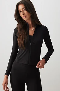 Ardene Butter Long Sleeve Zip-Up Top in Black | Size | Nylon/Elastane